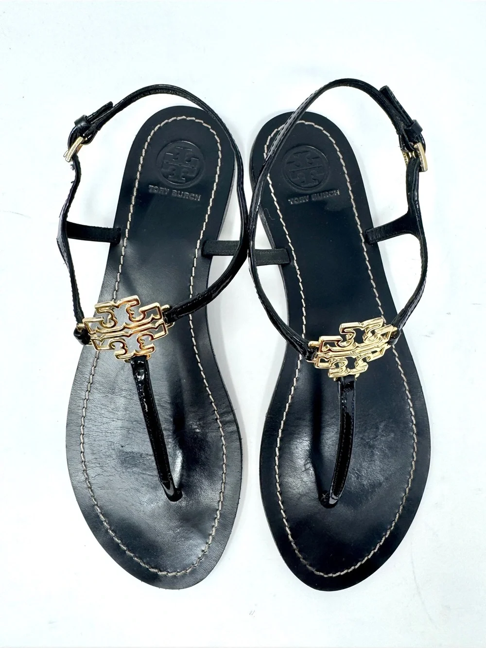 Tory Burch Capri Strap Sandal Black Leather with Gold Logo Accent